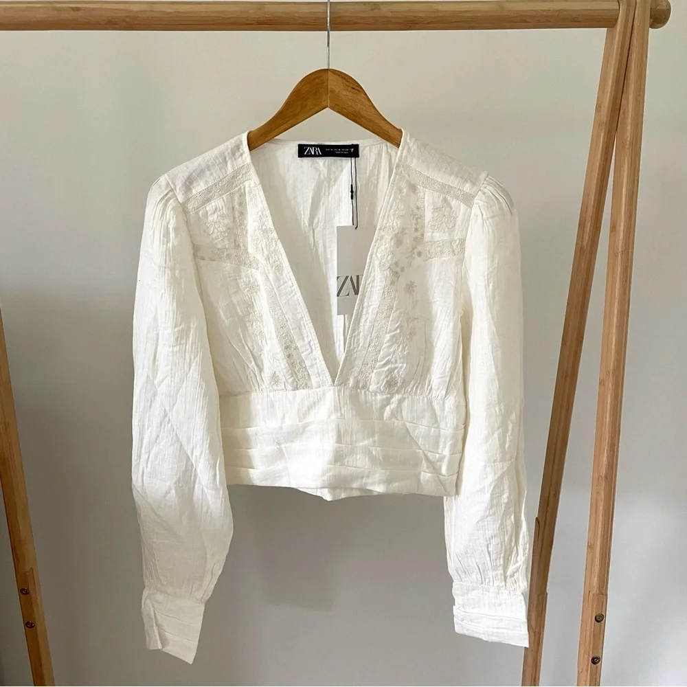 NWT Zara Embroidered Pleated V-neck Blouse in White - M